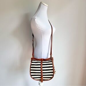 FOSSIL Brown Leather Striped Woven Canvas Flap Saddle Crossbody Bag